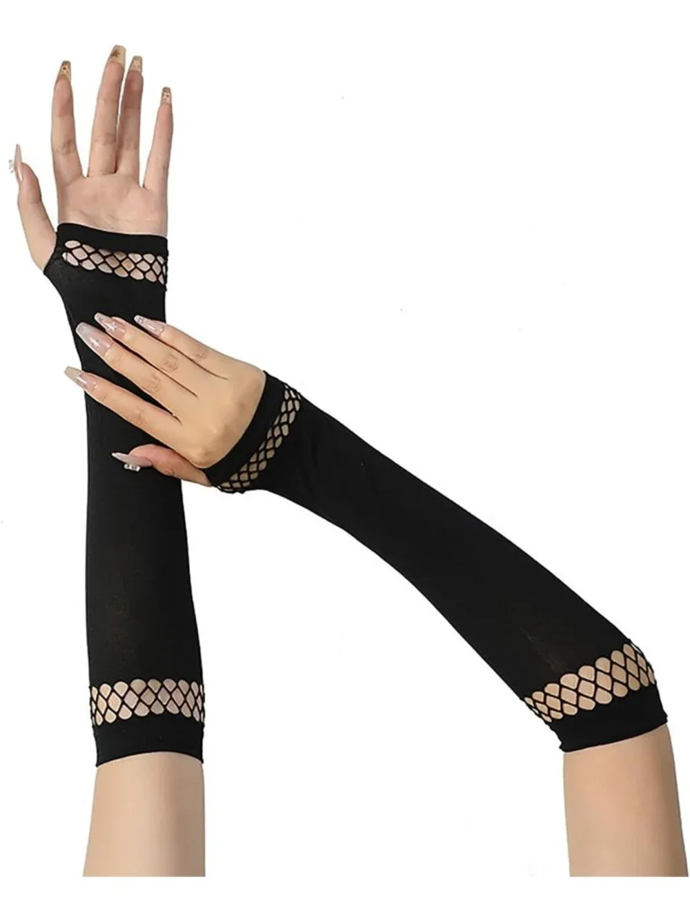Women's Black Long Solid Arm Warmers Fishnet Mesh Trim Fingerless Gothic Gloves